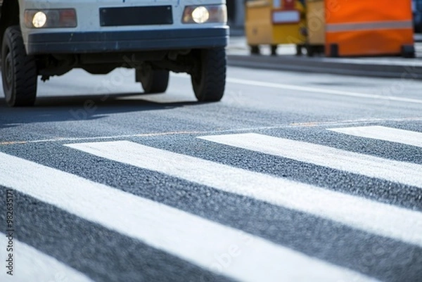 Fototapeta Close-up of zebra crossing with car and bus in background