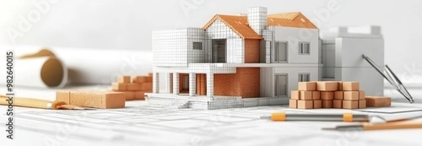 Fototapeta House Model with Building Plans and Construction Materials