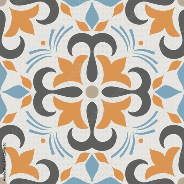 Obraz Seamless pattern azulejo floor tiles. Abstract floral background. Vector illustration, seamless mediterranean pattern. Portuguese floor tiles azulejo design. Floor cement talavera tiles collection