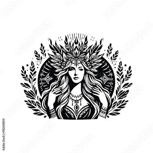 Fototapeta Freya goddess with bohemian decoration decoration in black and white illustrations, cutout graphic