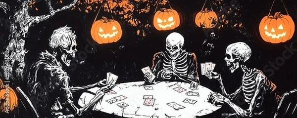 Fototapeta Three skeletons playing cards under jack-o'-lanterns in a spooky Halloween scene. Animation drawing art with dark night atmosphere.