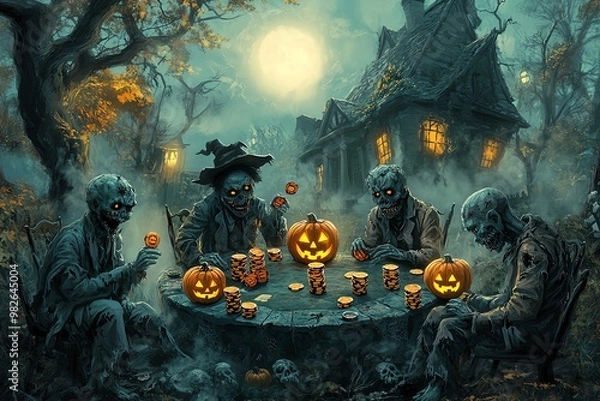 Fototapeta Spooky Halloween scene with zombies playing cards around a table under a full moon, surrounded by pumpkins and a haunted house in the background.