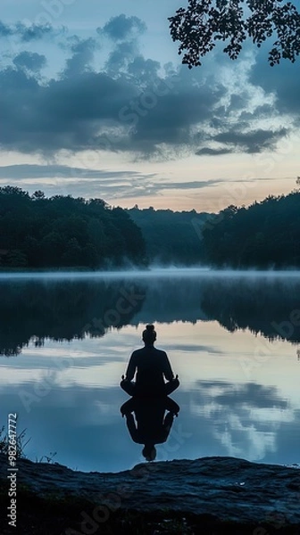 Fototapeta A person is sitting in a meditative pose at the edge of a calm lake during the early morning or sunset. The individual is silhouetted against the reflective surface of the water, which mirrors the sky