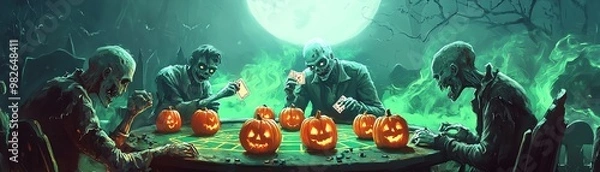 Fototapeta Ghostly poker game under full moon with jack-o'-lanterns on table, creating an eerie Halloween atmosphere.