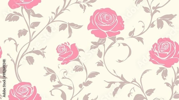 Fototapeta seamless pattern, Delicate pink roses on a soft beige background, perfect for floral designs and elegant decor.