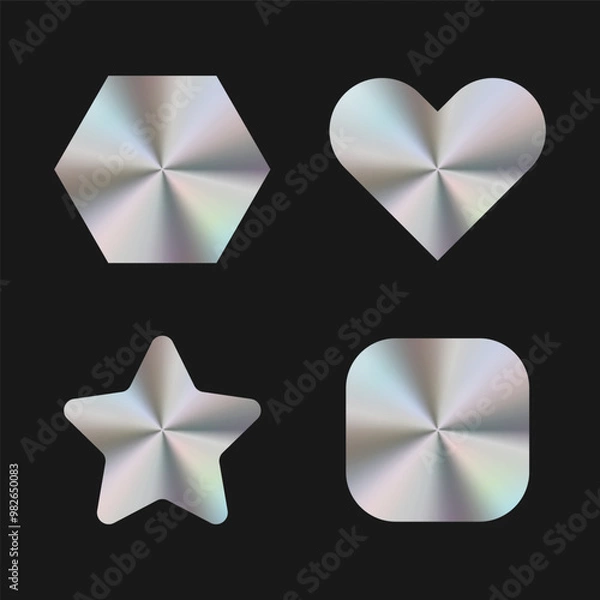 Fototapeta Set of templates of patterned holographic stickers. Hexagon, heart, star, square. Vector illustration.