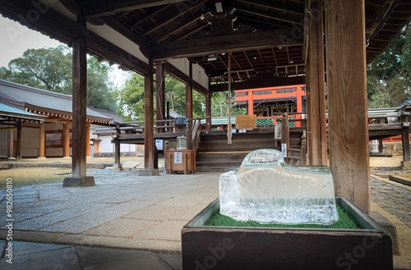 Fototapeta Block of ice naturally frozen in an icehouse (himuro), dedicated to Himuro shrine in Nara, Japan