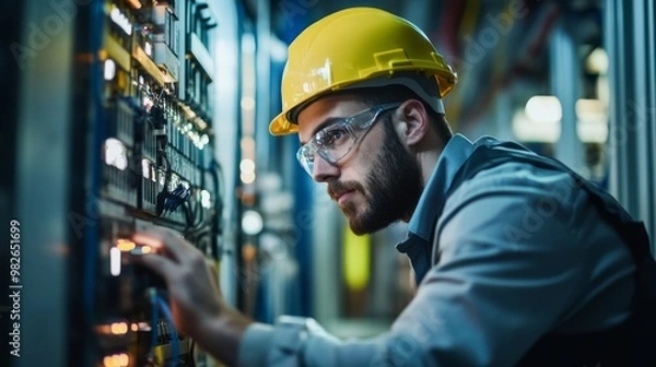 Fototapeta A focused technician in a safety helmet works on a control panel, adjusting settings with precision in a well-lit technical environment.