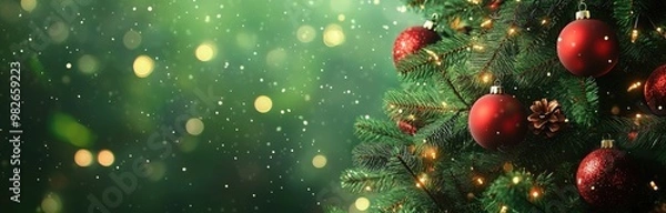 Fototapeta Christmas Tree with Red Ornaments and Lights