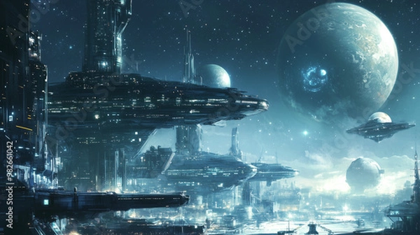 Fototapeta Futuristic Space Dock with Massive Ships – Anime Sci-Fi Background