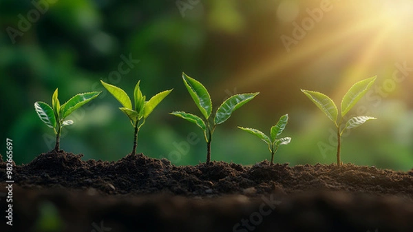 Fototapeta A seedling growing in the soil with a green background and sunlight.