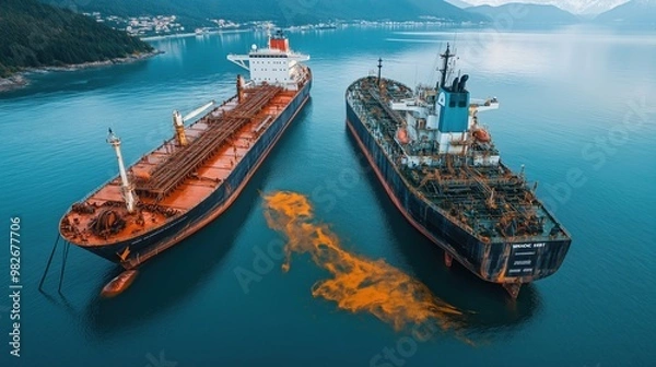 Fototapeta Aerial view of two large cargo ships in blue waters, with a visible orange spill spreading between them, surrounded by mountains and coastal buildings in the background.