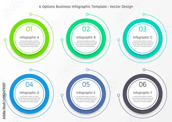 Fototapeta 6 options business infographic template, simple colorful circle with circular line, also with number and text frame