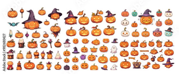 Fototapeta Pumpkin Patch Parade: Halloween Jack-o'-Lantern Sticker Collection