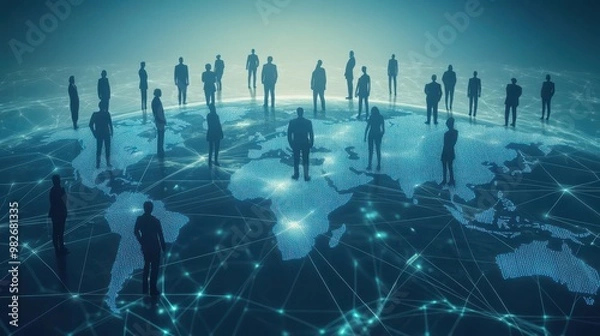 Fototapeta 3D rendering of a world map with a global network and business people silhouettes connecting on a blue background, an online social media technology concept for internet communication.