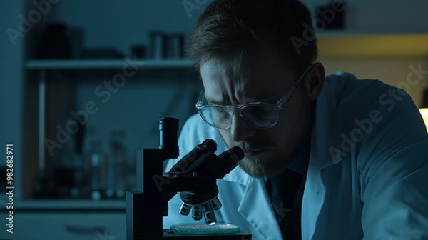 Fototapeta Scientist in lab coat examining bacteria samples in petri dish under microscope, symbolizing disease research in scientific laboratory.