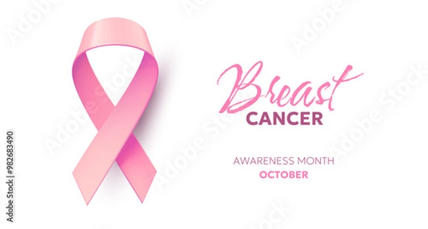 Fototapeta Vector illustration of breast cancer pink realistic ribbon with loop and shadow on white color background. Symbol of breast cancer awareness. Template design with word for awareness month campaign