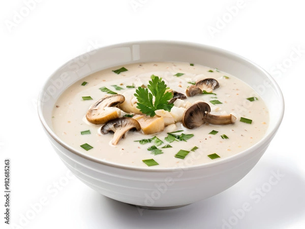 Obraz mushroom soup in white bowl isolated white background with clipping path, full hd
