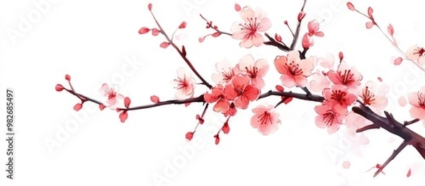 Fototapeta Painting of cherry plum flowering branches on a white background with selective focus