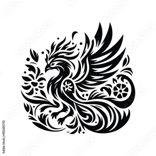 Fototapeta Phoenix with folk art decoration in black and white illustrations, cutout graphic