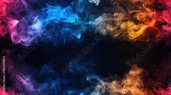 Fototapeta Movement of colorful smoke on a black background featuring shades of blue red and yellow