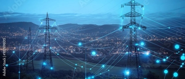 Fototapeta Power Lines and Cityscape at Night: A Striking Image of Energy Transmission