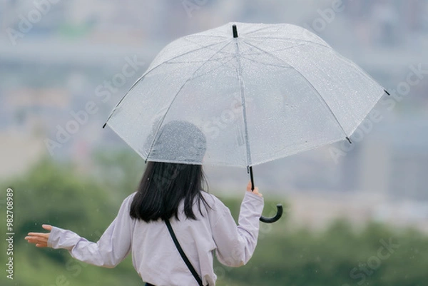 Obraz 雨の中、傘をさして歩く女性