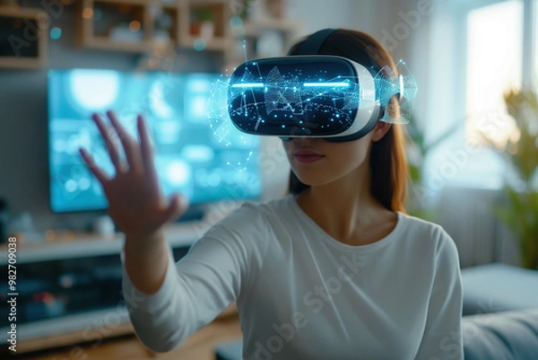 Obraz A woman wearing a VR headset explores a detailed virtual environment, engaging with holographic elements in her modern living room. Spatial computing technology concept