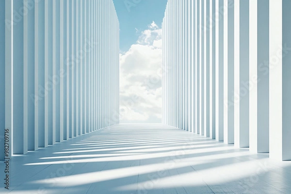 Fototapeta white background, blue, 3d background, architecture background, 3d building, creative, three-dimensional, corridor, outdoor, sunlight, clean, construction, backdrop, minimalist, 3d rendering, structur