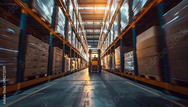 Obraz Vue dynamique et conceptuelle de l'intérieur d'un entrepot logistique ou d'une plateforme de stockage