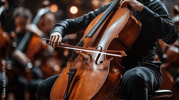 Fototapeta cello player performing with a bow in a classical music orchestra capturing the art of live performance in a symphony concert