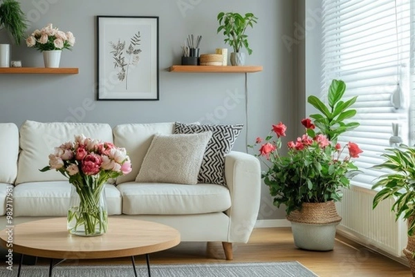 Fototapeta Sofa, decor on shelves, table with flowers in vase and picture on grey wall in interior of living room, ai