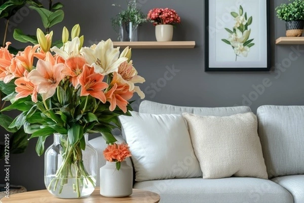 Fototapeta Sofa, decor on shelves, table with flowers in vase and picture on grey wall in interior of living room, ai