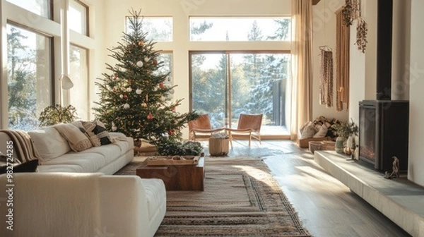Fototapeta A minimalist family Christmas gathering in a modern home with simple, elegant decorations and a focus on togetherness around the tree.