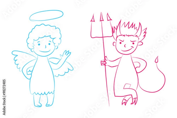 Fototapeta Angel and devil vector illustration - boys cartoon character. Hand drawn graphic clip art. Childish style drawing. Sketchy funny angel, cute little devil. Outline. Isolated. Eps 10.