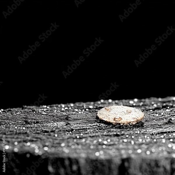 Fototapeta A delicate raindrop rests on a textured tree stump under moody lighting