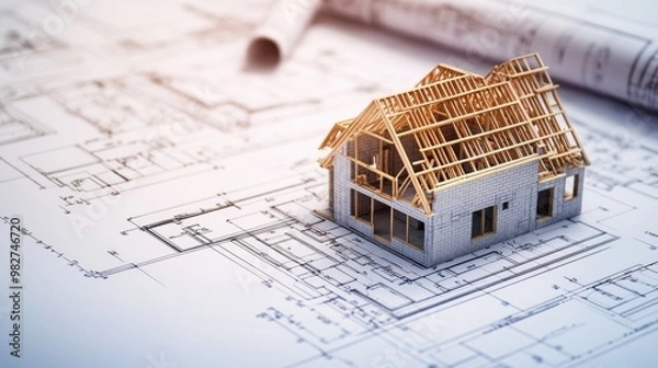 Fototapeta House under construction on blueprints close up. Building project concept