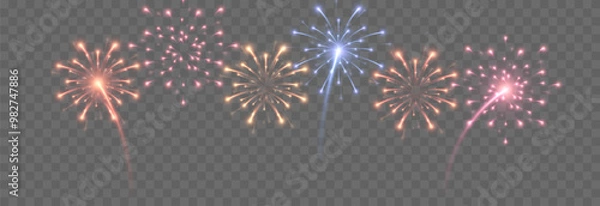 Obraz Vector fireworks. Multicolored fireworks on isolated transparent background. Fireworks png. Holiday fireworks. Festive background.