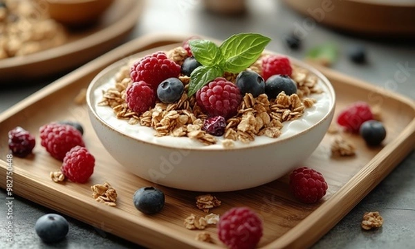 Fototapeta Bamboo Tray with Minimalist White Bowl of Yogurt Topped with Granola and Berries

