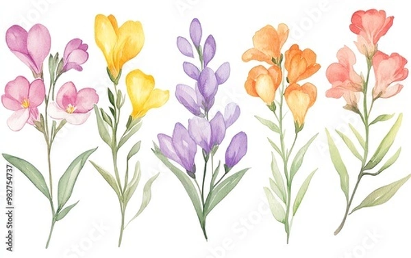 Fototapeta Watercolor freesia clipart with fragrant blooms in various colors