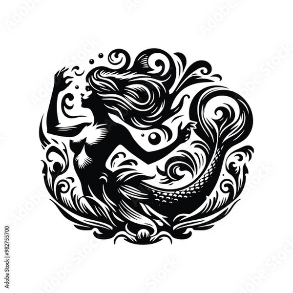 Fototapeta Sirens creature with victorian flourish decoration in black and white illustrations, cutout graphic