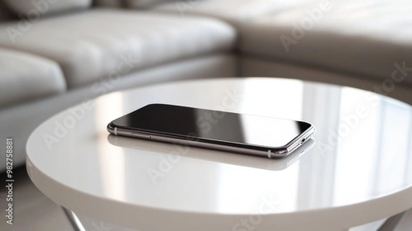 Fototapeta A smartphone rests on a sleek, modern table in a bright living space.