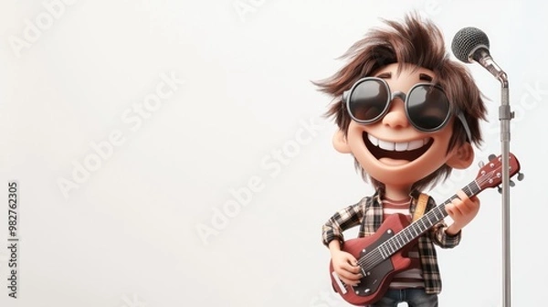 Fototapeta A cheerful animated character with sunglasses plays guitar at a microphone.