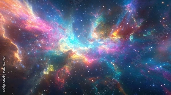 Fototapeta A vibrant cosmic scene showcasing colorful nebulae and stars in deep space.