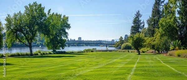 Fototapeta The Riverfront City Park, green open space, lawn field, near Peter Courtney Minto Island Bridge over Willamette River in Salem, Oregon