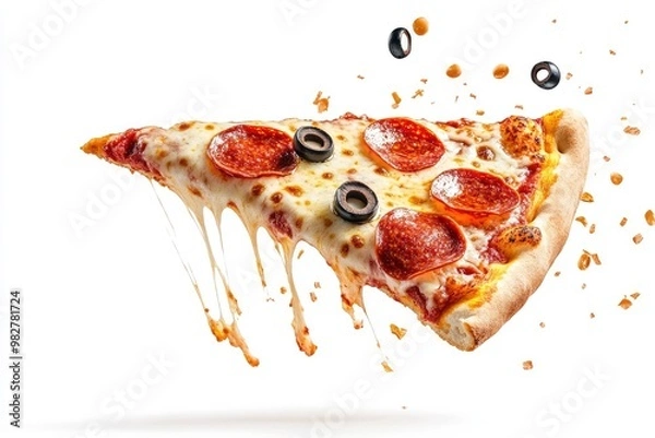 Fototapeta Pizza slice flying, isolated on white background. Delicious peperoni pizza slices pepperonis and olives, with melting cheese, ai