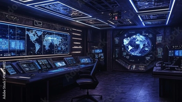 Fototapeta Featuring a holographic map, large displays, cool blue tones, and operators controlling the mission. Sleek and modern with cool blue tones, holographic elements, and detailed 3D menus.