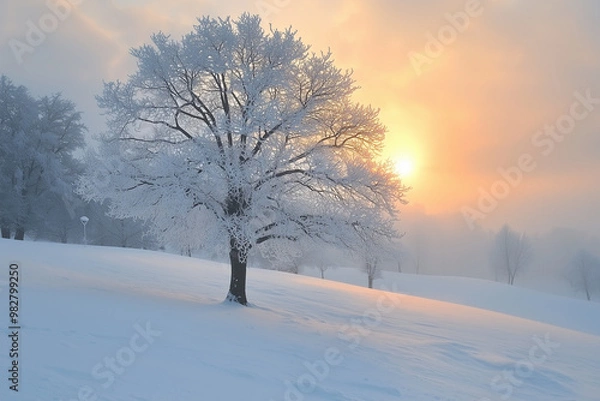 Fototapeta Winter Sunrise: A Frosty Tree in a Snowy Field