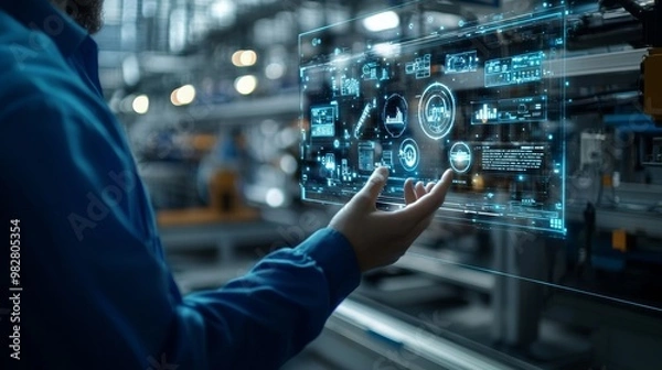 Obraz Industrial holographic interface interacting with a person.