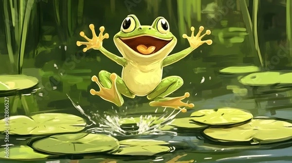 Fototapeta Hand-drawn illustration of a happy frog jumping on lily pads in a pond